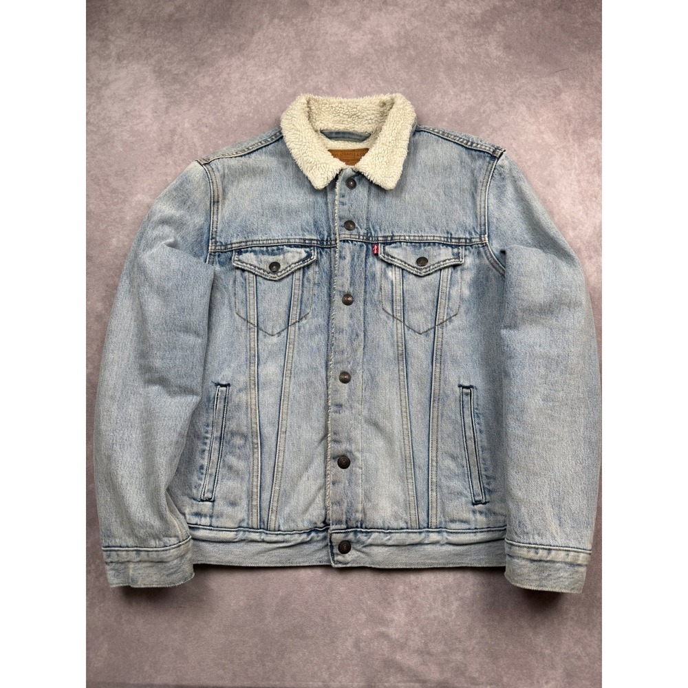 Levis Premium Mens M Sherpa Lined Denim Trucker Jacket Light Wash Blue Casual